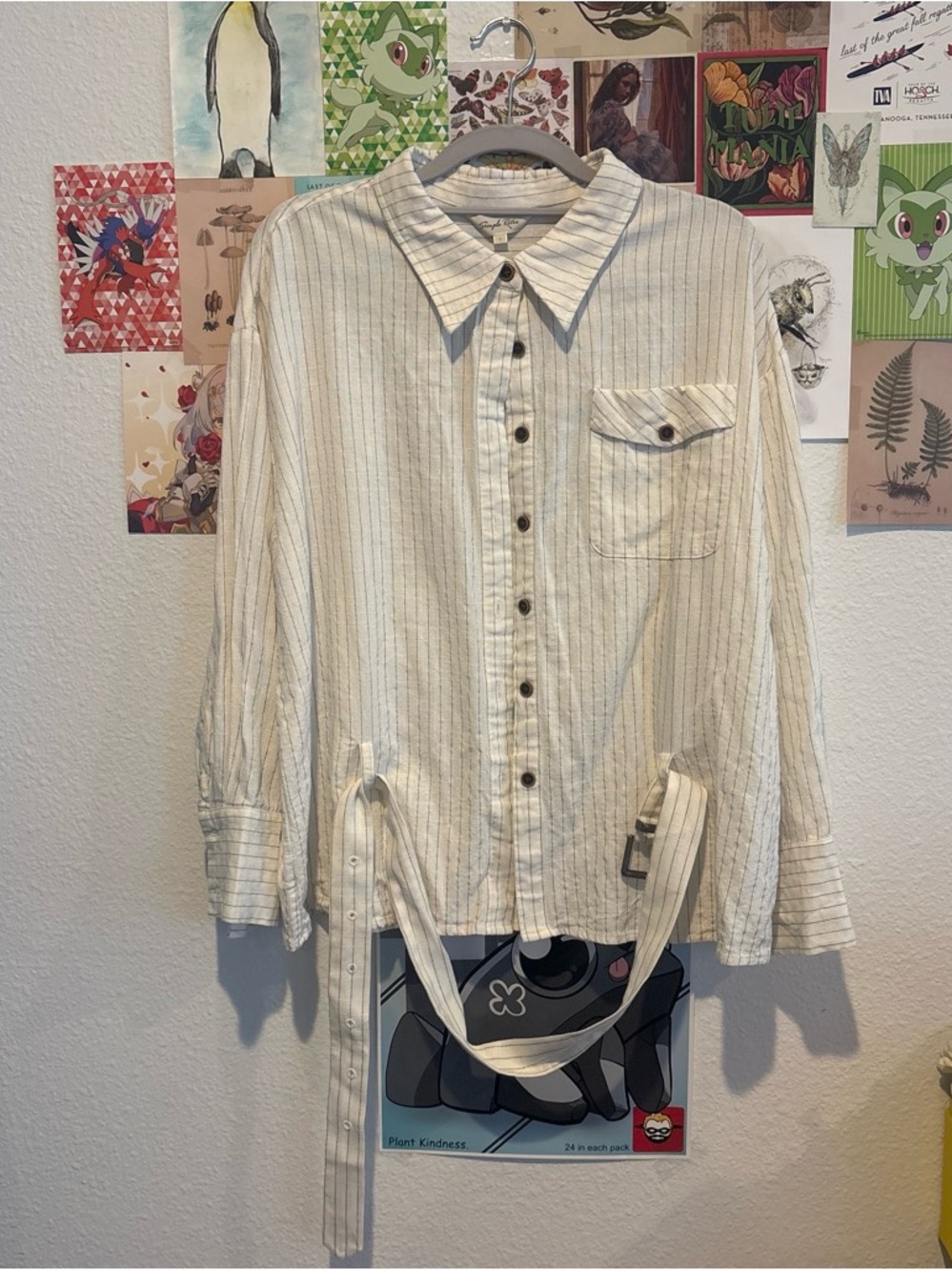 Women's Cream Striped Button-Down Shirt with Adjustable Side Ties